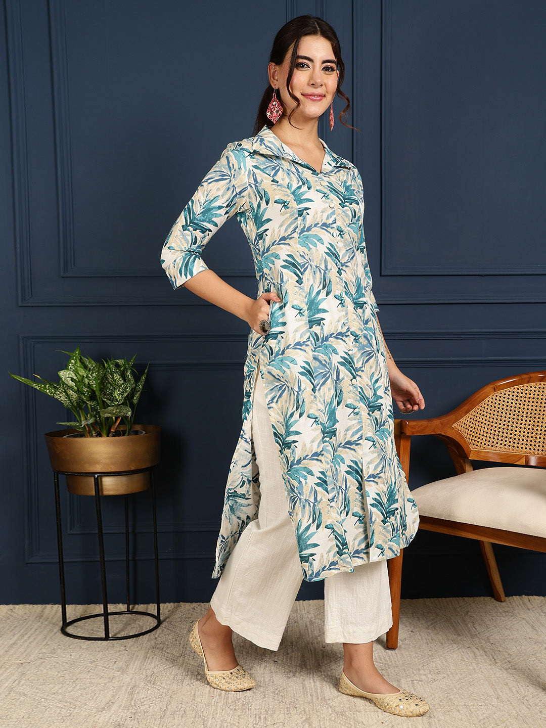 Flex Calf Length Printed Straight 3/4 Sleeves Shirt Coller Kurta