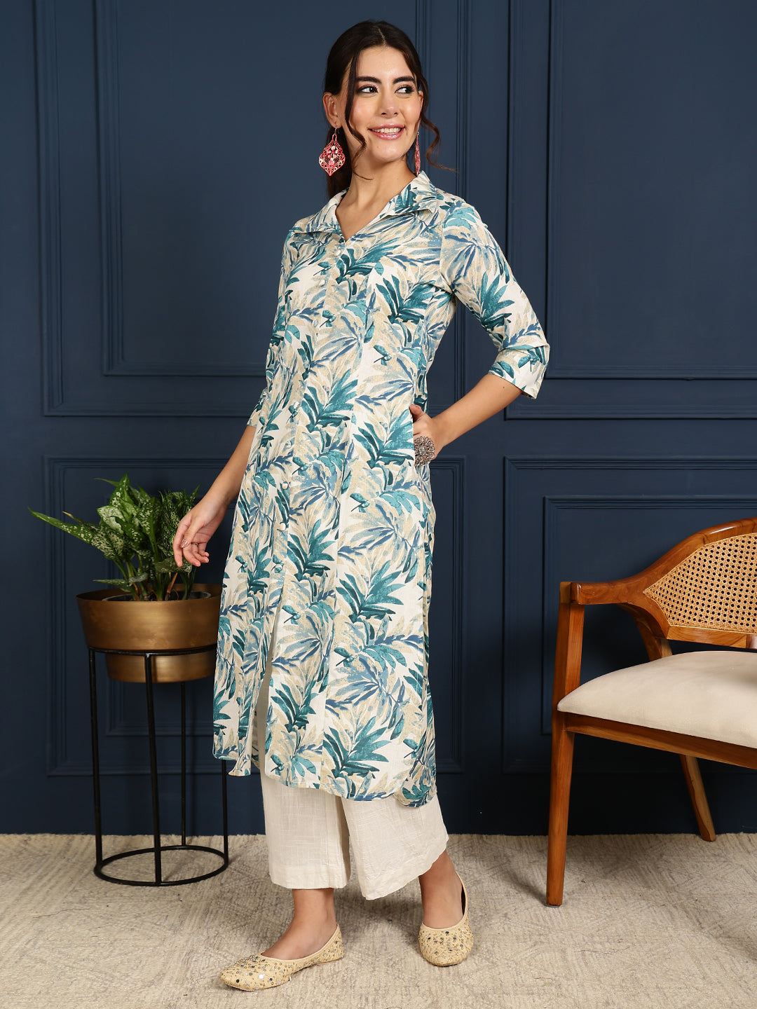 Flex Calf Length Printed Straight 3/4 Sleeves Shirt Coller Kurta