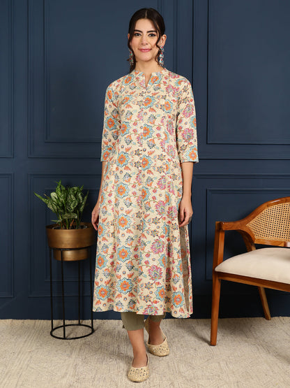 Flex Calf Length Printed A-Line 3/4 Sleeves Mandarin Coller Kurta