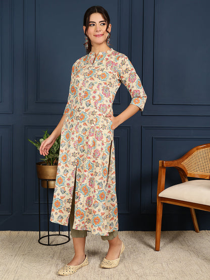 Flex Calf Length Printed A-Line 3/4 Sleeves Mandarin Coller Kurta