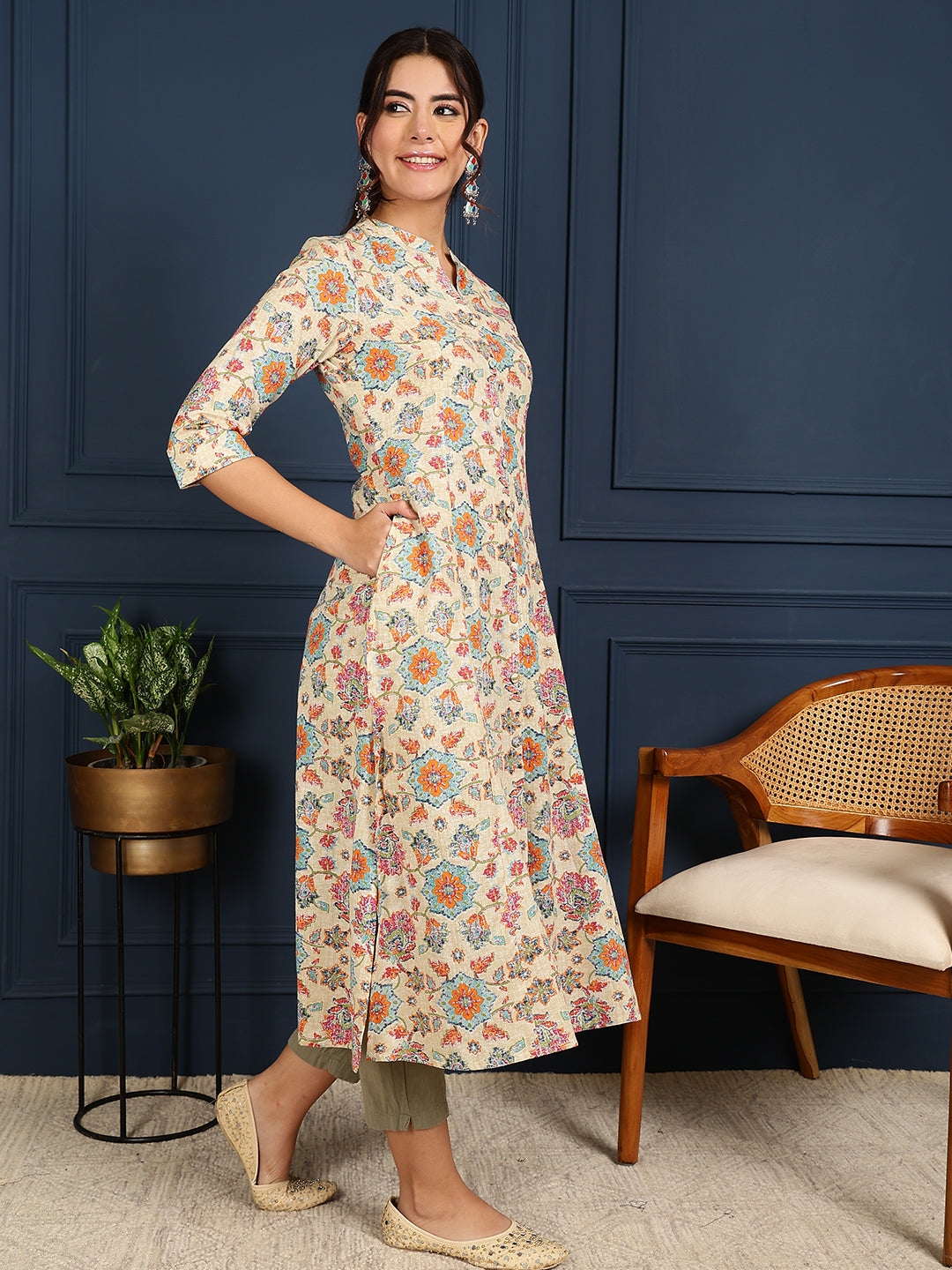 Flex Calf Length Printed A-Line 3/4 Sleeves Mandarin Coller Kurta