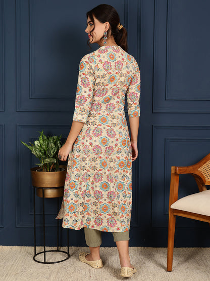 Flex Calf Length Printed A-Line 3/4 Sleeves Mandarin Coller Kurta