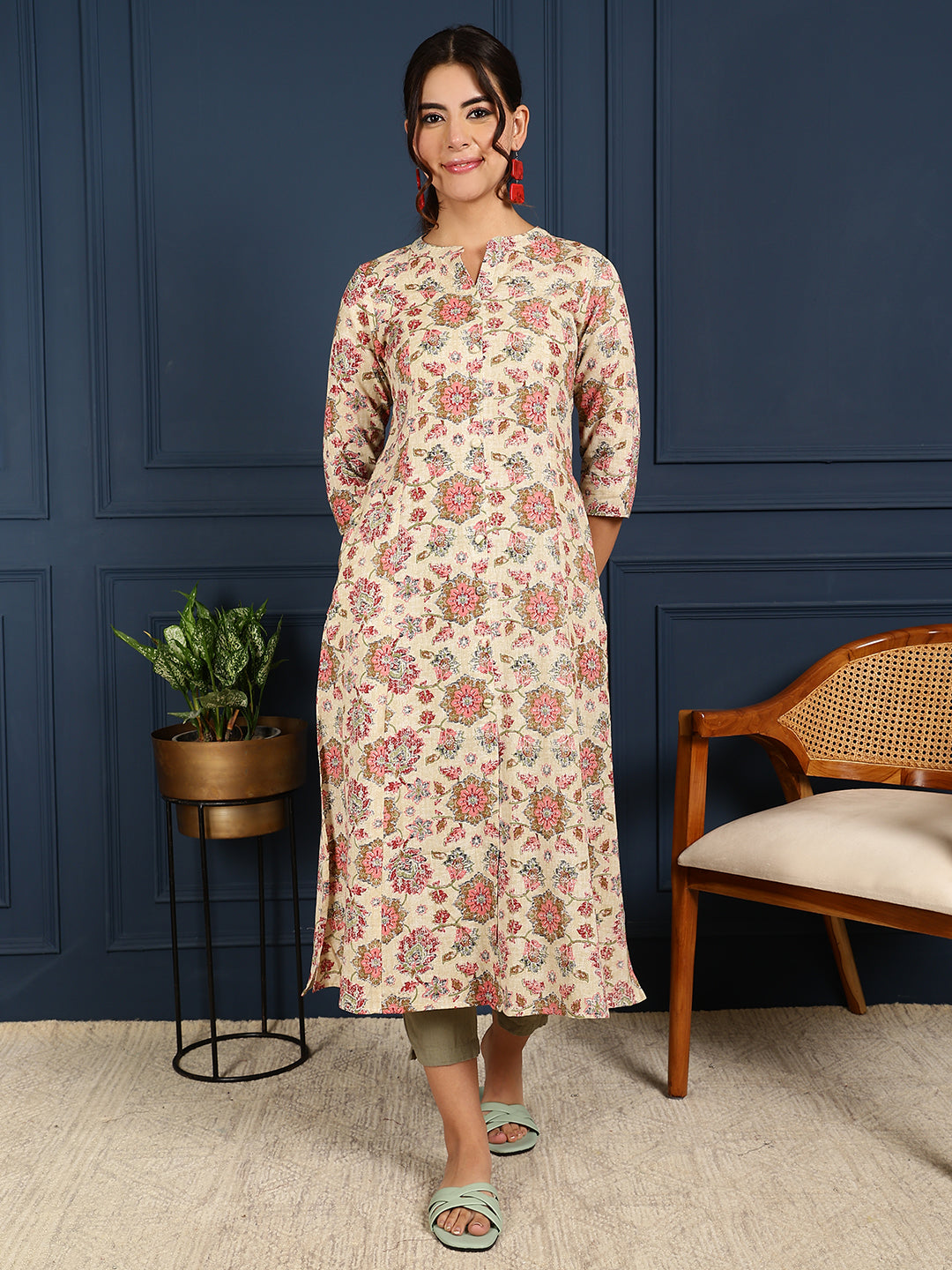 Flex Calf Length Printed A-Line 3/4 Sleeves Mandarin Coller Kurta