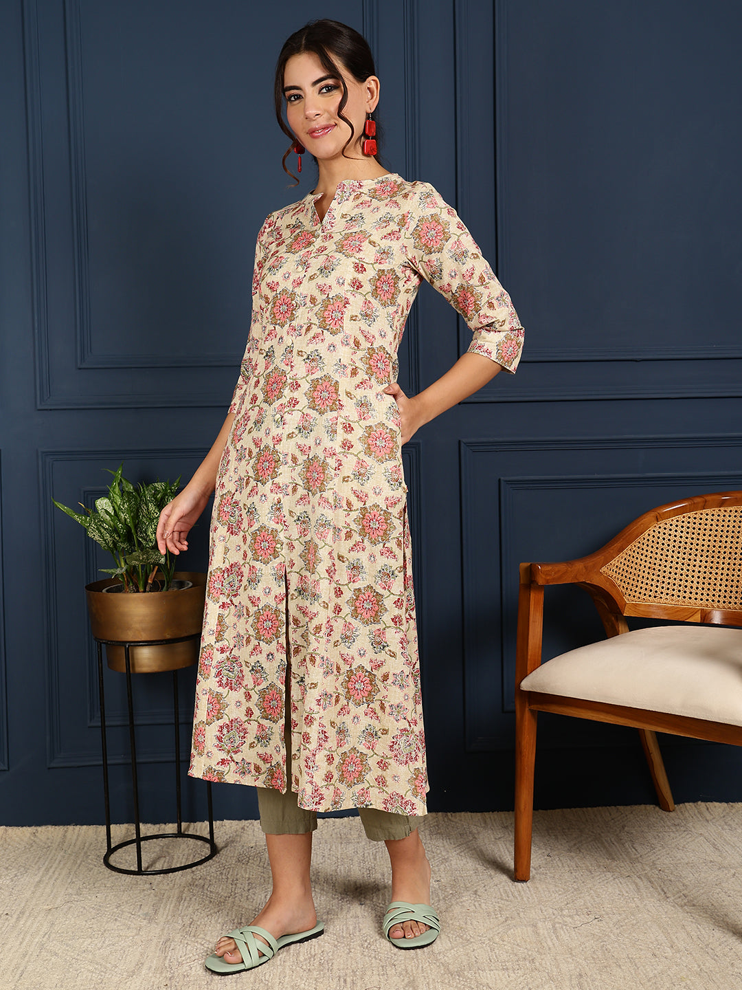 Flex Calf Length Printed A-Line 3/4 Sleeves Mandarin Coller Kurta