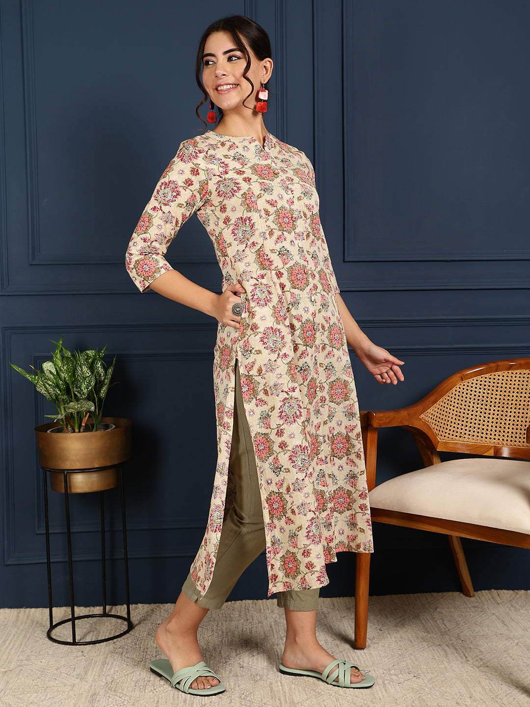 Flex Calf Length Printed A-Line 3/4 Sleeves Mandarin Coller Kurta