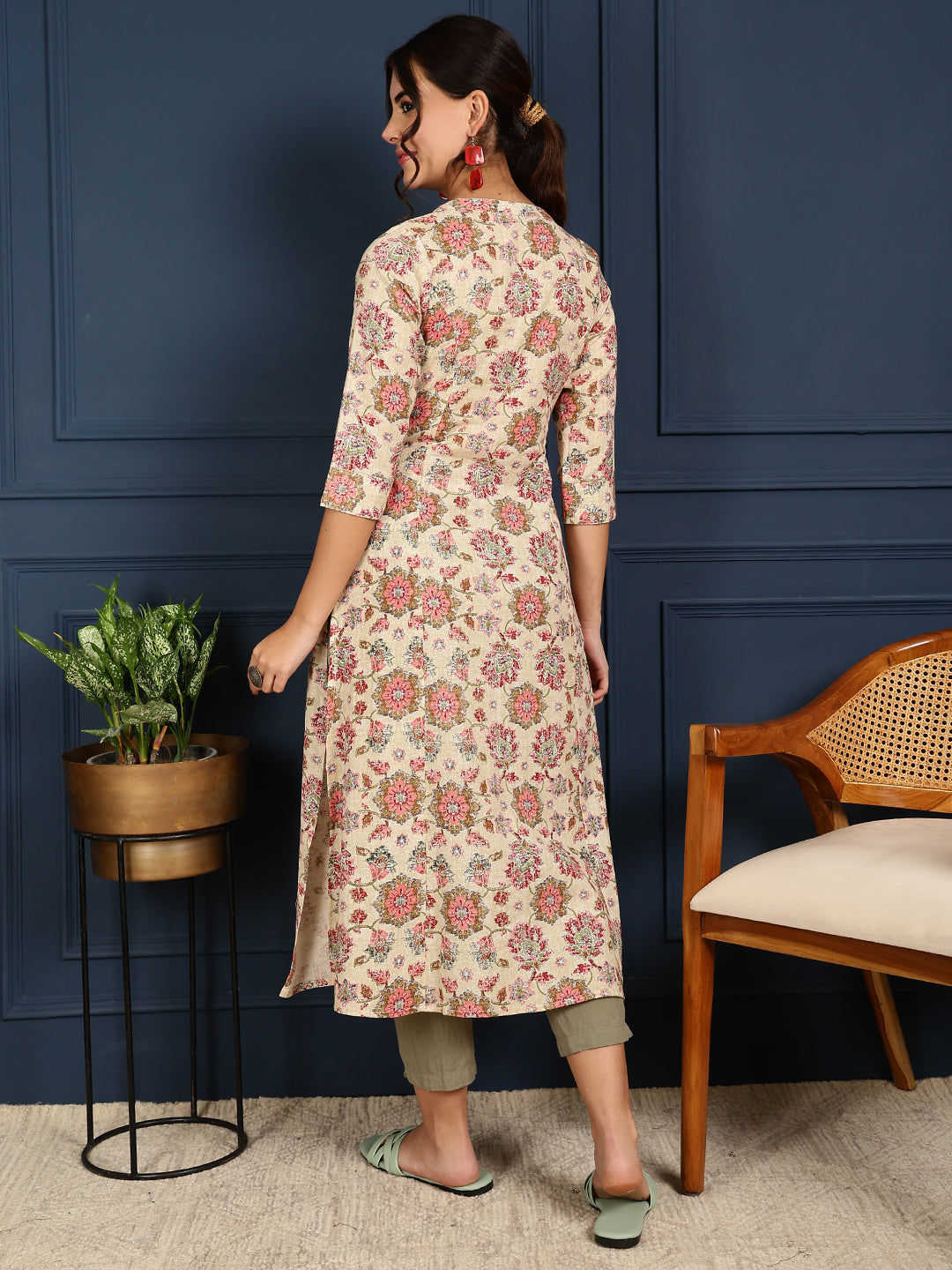 Flex Calf Length Printed A-Line 3/4 Sleeves Mandarin Coller Kurta