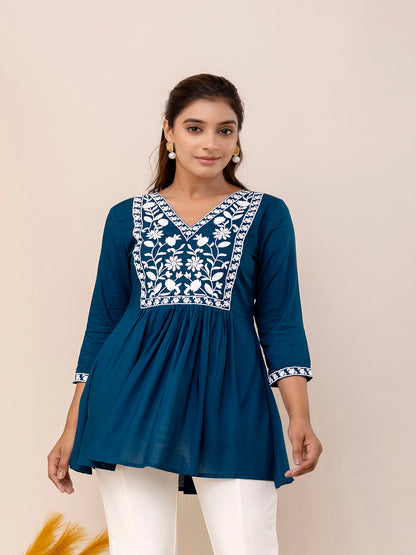 Rayon Hip Length Solid Flared 3/4 Sleeves V-Neck Solid Embroidered Top