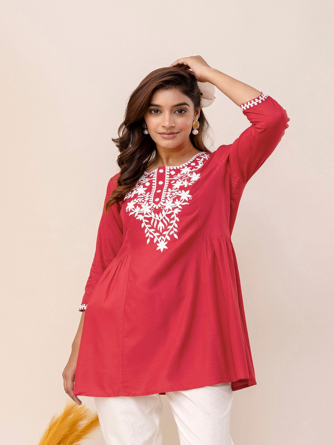 Rayon Hip Length Solid Straight 3/4 Sleeves Round Neck Solid Embroidered Top