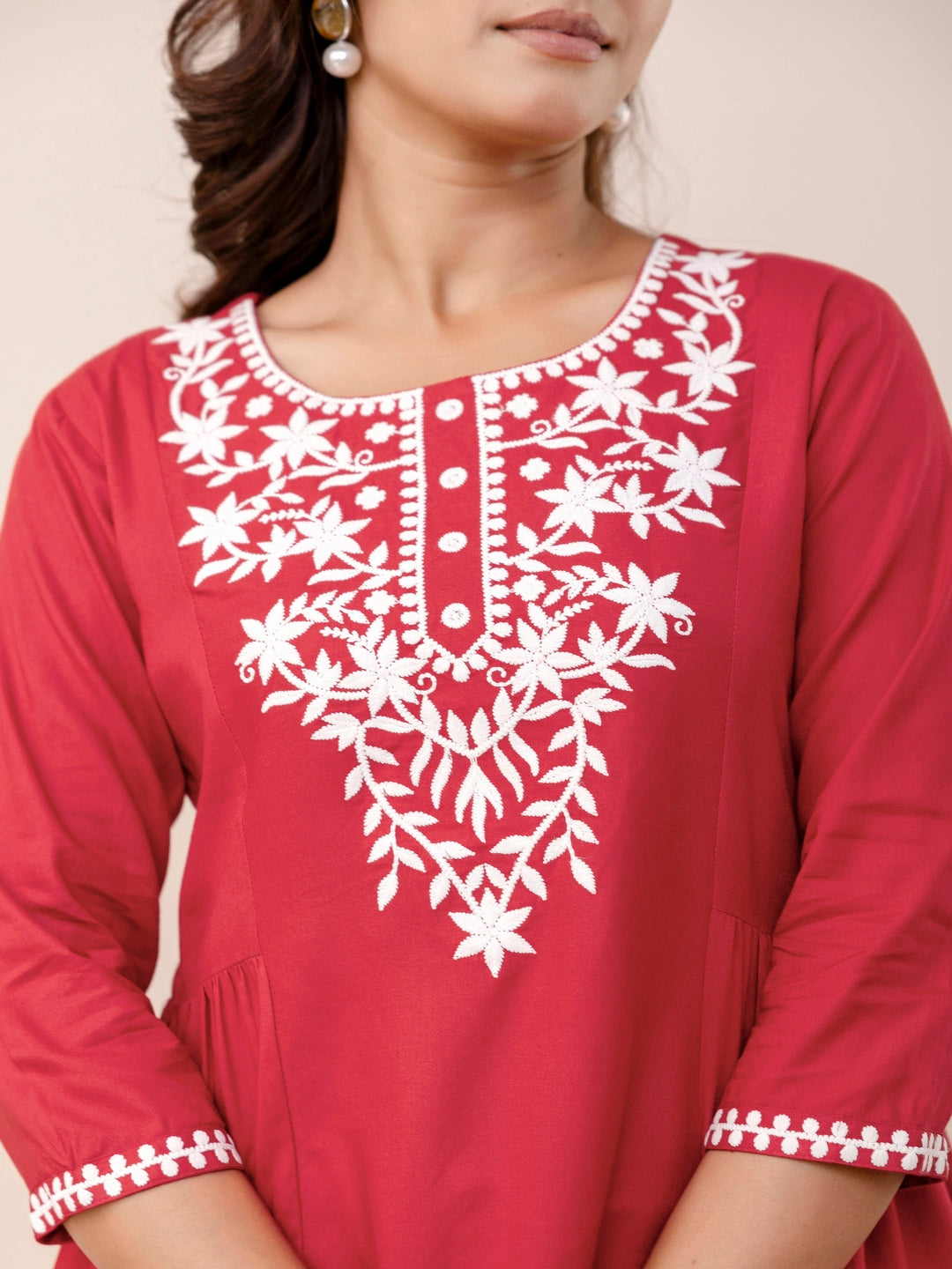 Rayon Hip Length Solid Straight 3/4 Sleeves Round Neck Solid Embroidered Top