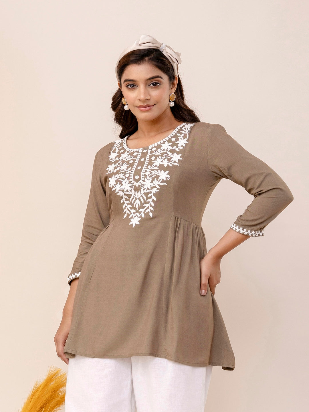 Rayon Hip Length Solid Straight 3/4 Sleeves Round Neck Solid Embroidered Top