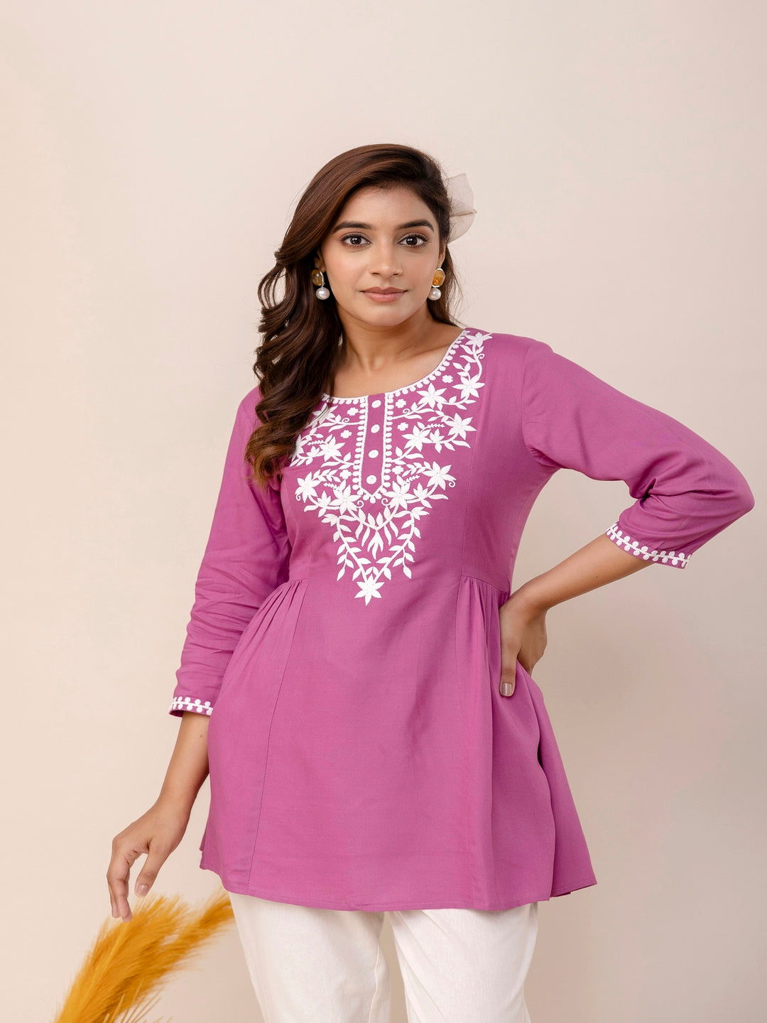 Rayon Hip Length Solid Straight 3/4 Sleeves Round Neck Solid Embroidered Top