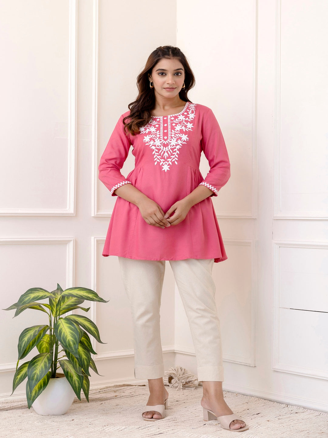 Rayon Hip Length Solid Straight 3/4 Sleeves Round Neck Solid Embroidered Top