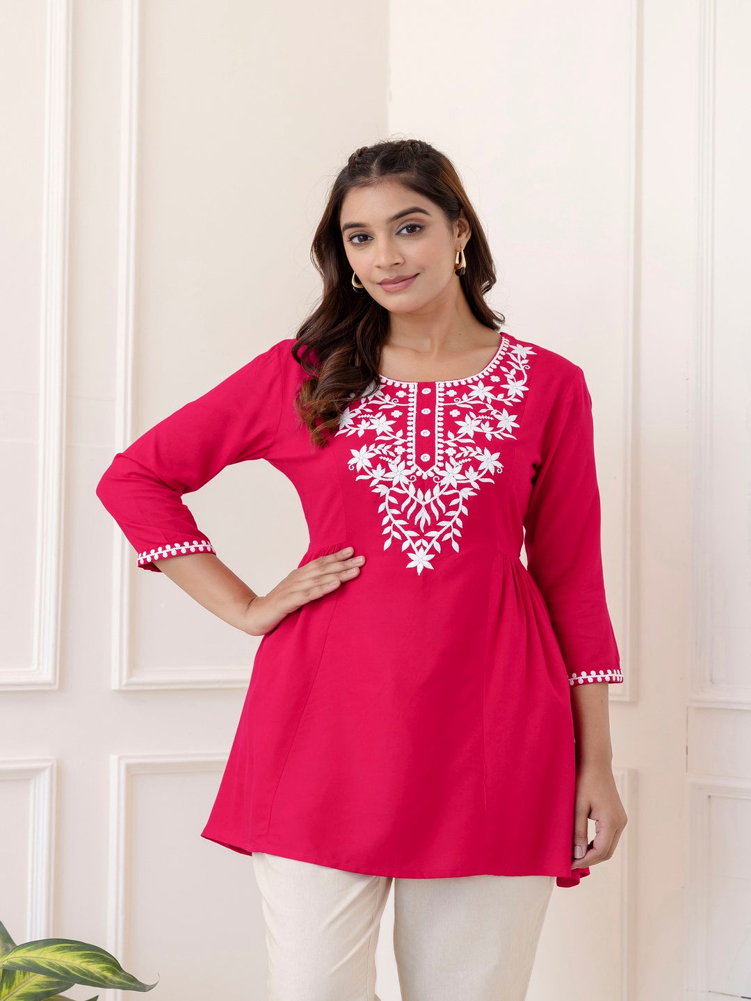 Rayon Hip Length Solid Straight 3/4 Sleeves Round Neck Solid Embroidered Top