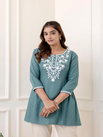 Rayon Hip Length Solid Straight 3/4 Sleeves Round Neck Solid Embroidered Top