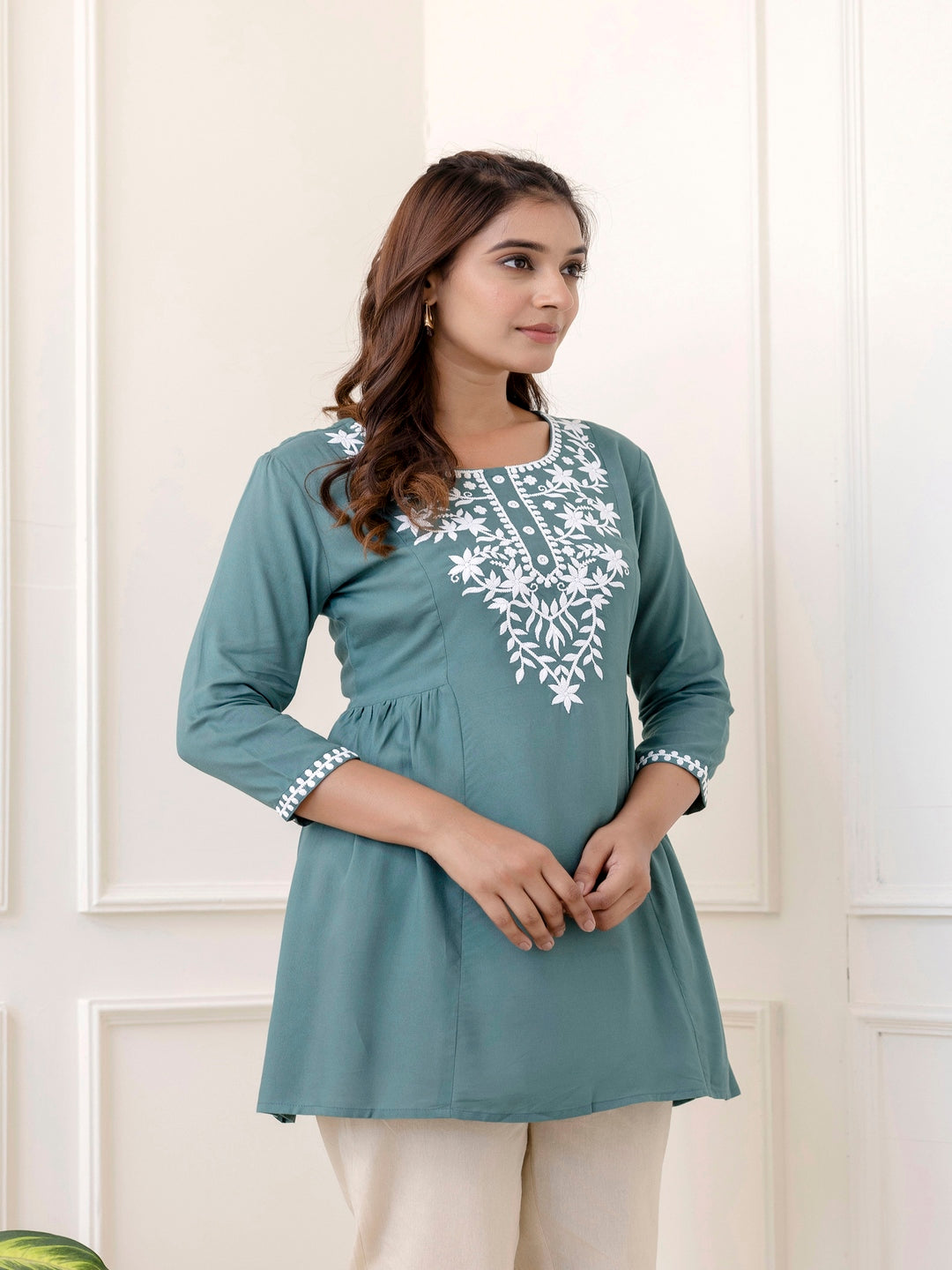 Rayon Hip Length Solid Straight 3/4 Sleeves Round Neck Solid Embroidered Top