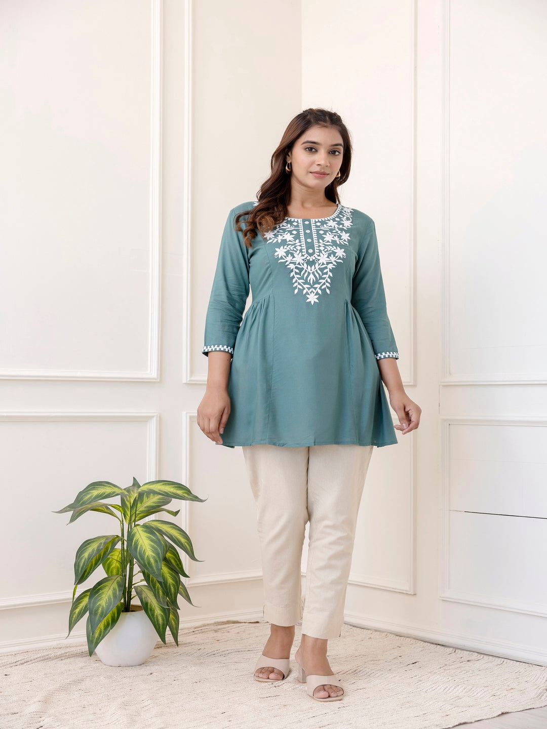 Rayon Hip Length Solid Straight 3/4 Sleeves Round Neck Solid Embroidered Top