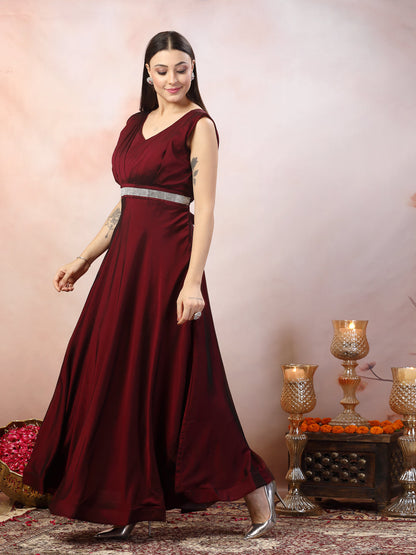 Wine Solid Party Wear Satin Gown