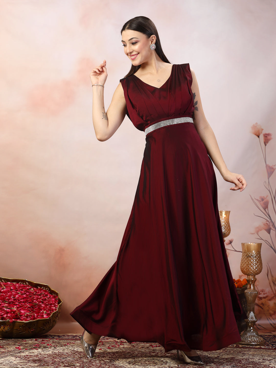 Wine Solid Party Wear Satin Gown