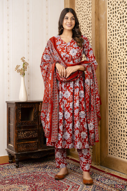 Maroon Floral Printed Anarkali Kurta And Trouser With Dupatta