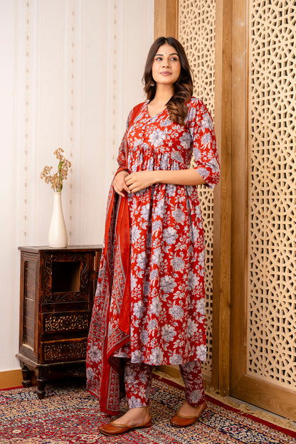 Maroon Floral Printed Anarkali Kurta And Trouser With Dupatta