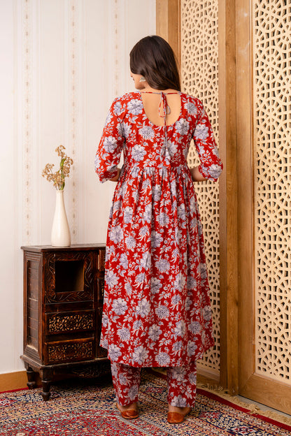 Maroon Floral Printed Anarkali Kurta And Trouser With Dupatta