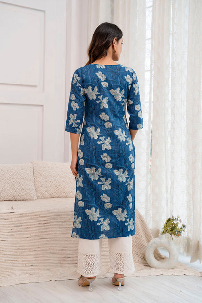 Blue Printed Straight Kurta with Three Quarter Sleeves