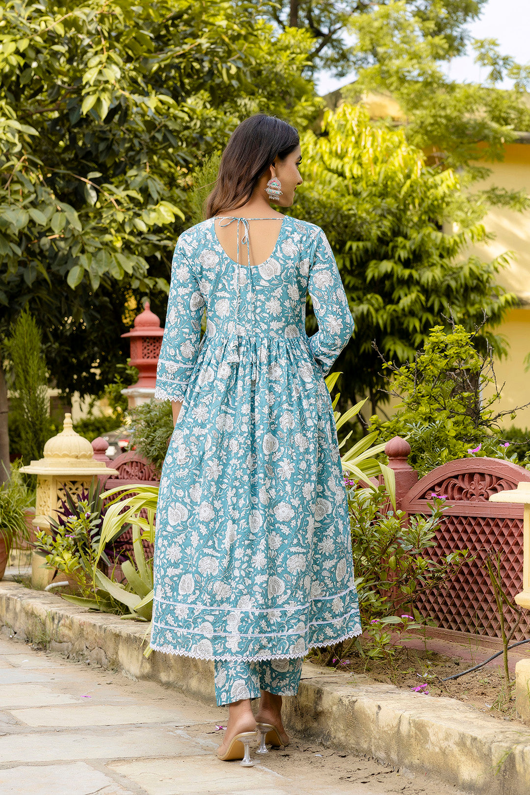 Blue Printed Anarkali Kurta Set With Dupatta