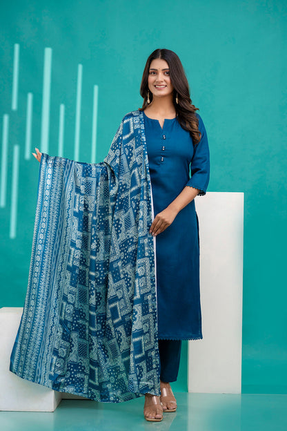 Teal Blue Straight Kurta Set With Printed Dupatta