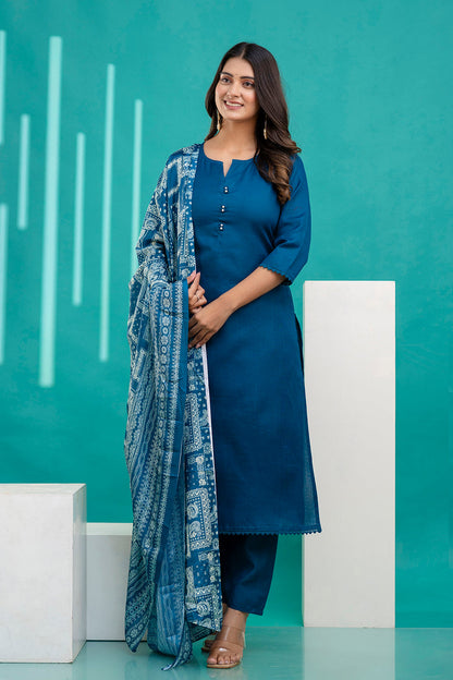 Teal Blue Straight Kurta Set With Printed Dupatta