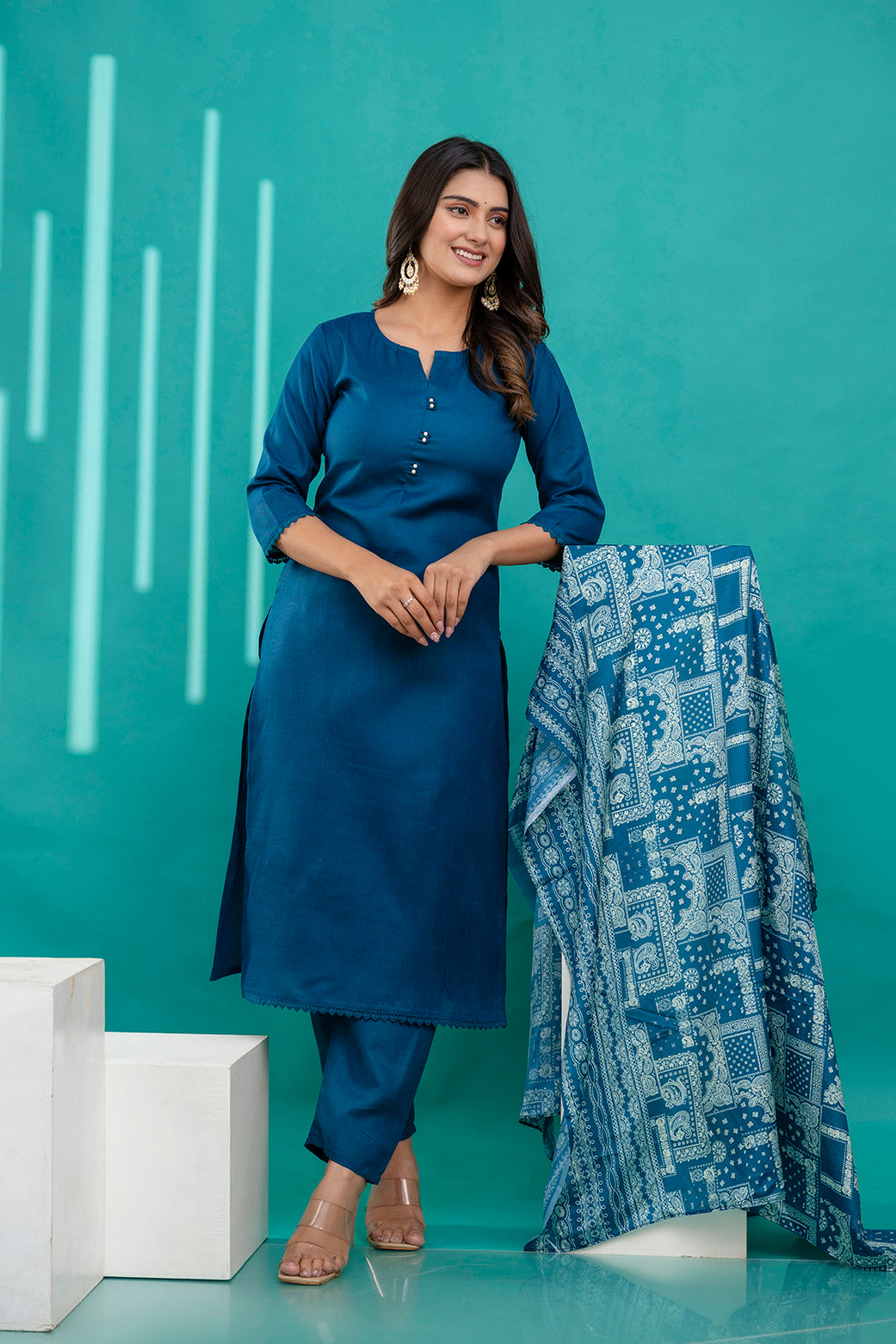 Teal Blue Straight Kurta Set With Printed Dupatta