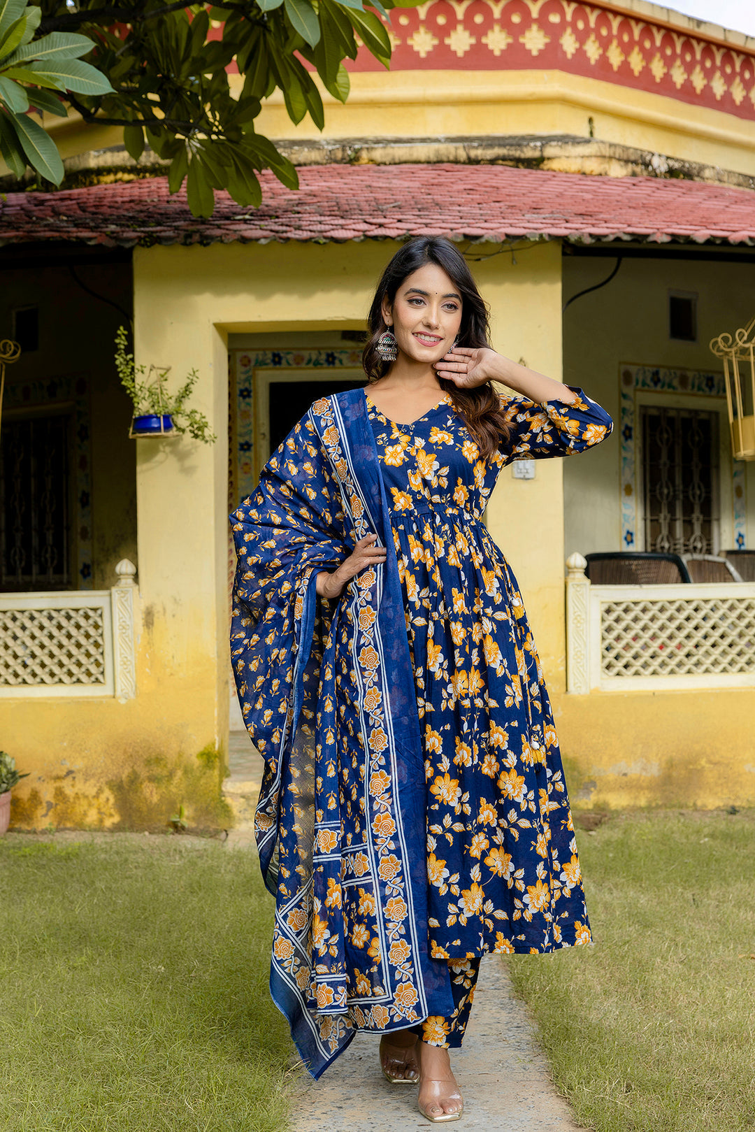 Navy Blue Printed Anarkali Kurta Set With Dupatta