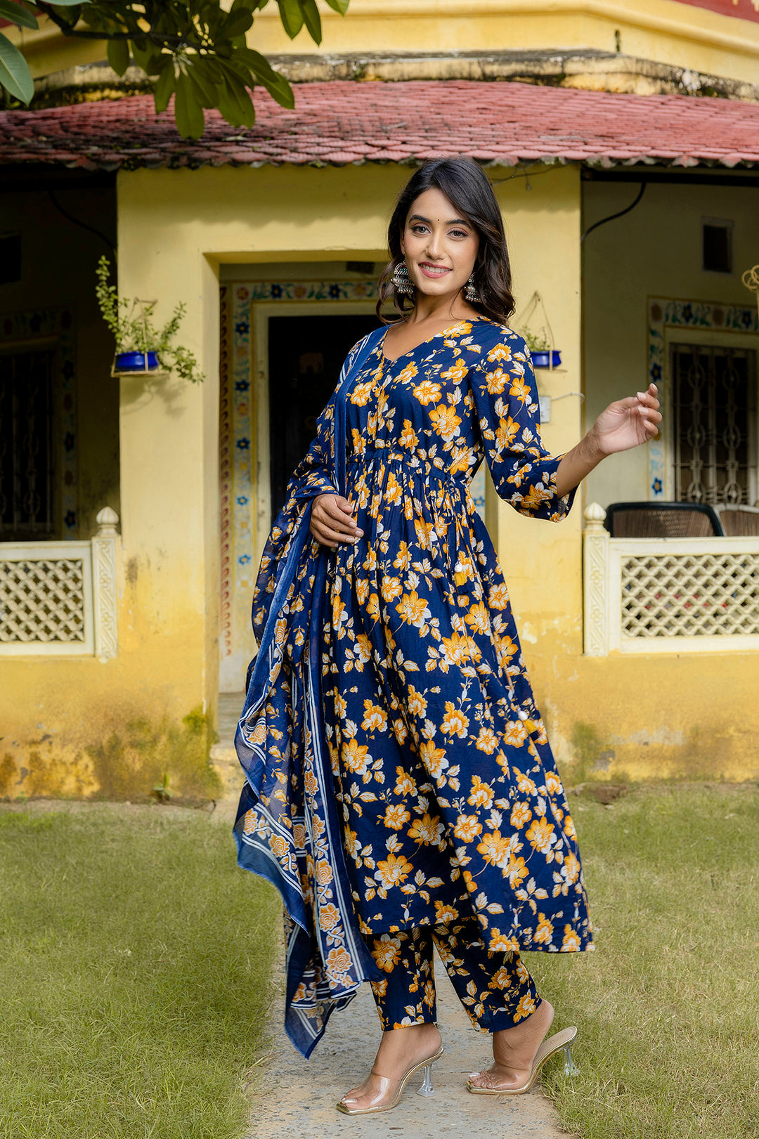 Navy Blue Printed Anarkali Kurta Set With Dupatta