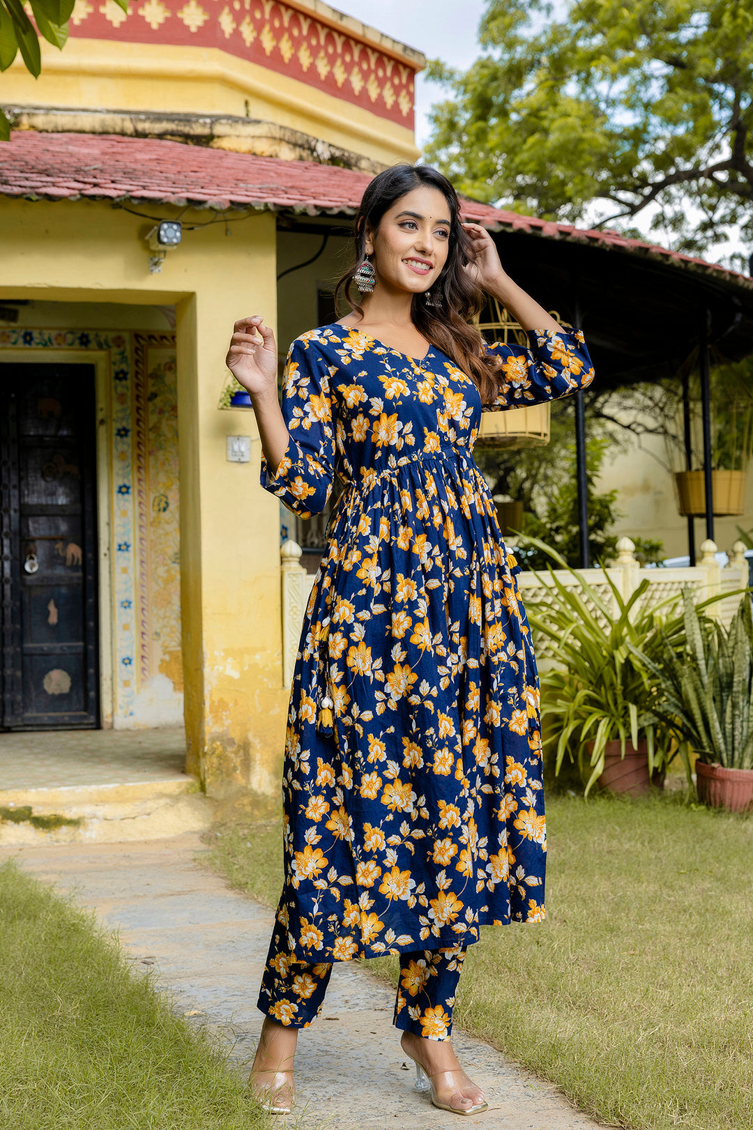 Navy Blue Printed Anarkali Kurta Set With Dupatta