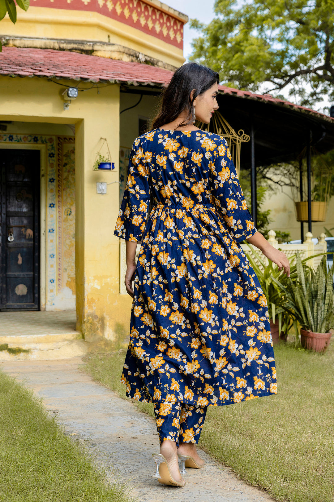 Navy Blue Printed Anarkali Kurta Set With Dupatta