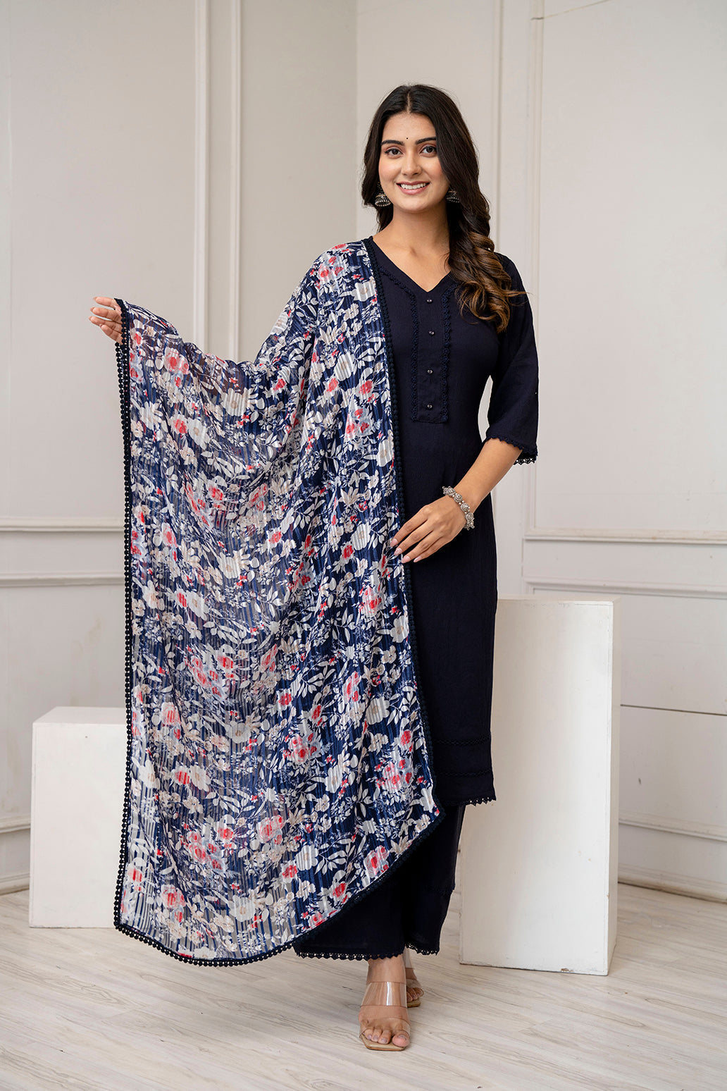 Navy Blue Straight Kurta Set With Printed Dupatta