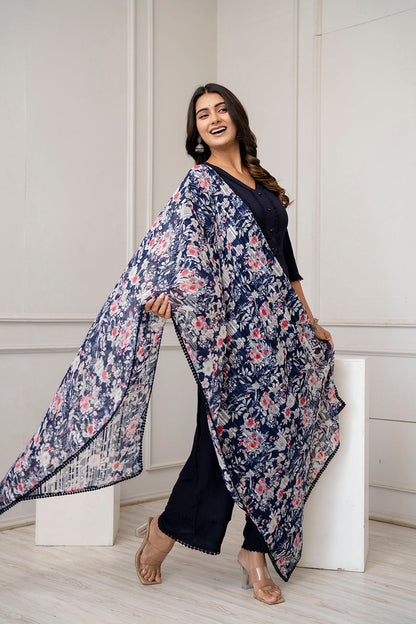 Navy Blue Straight Kurta Set With Printed Dupatta