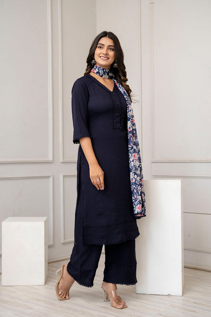 Navy Blue Straight Kurta Set With Printed Dupatta