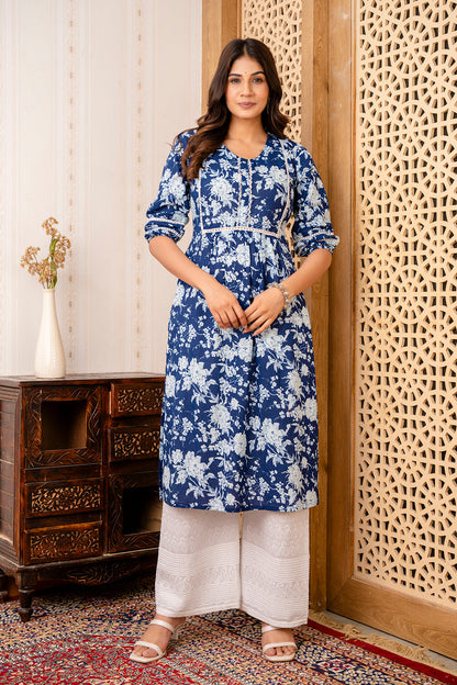 Navy Blue Printed Straight Kurta with Three Quarter Sleeves