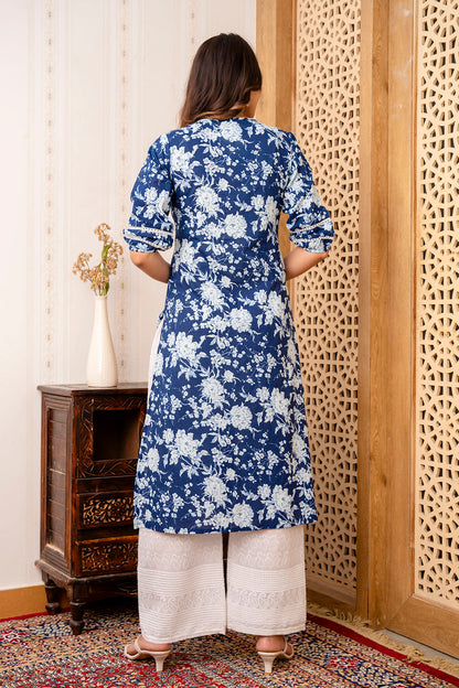 Navy Blue Printed Straight Kurta with Three Quarter Sleeves