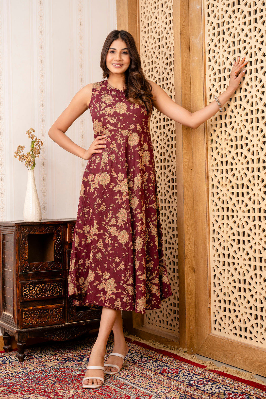 Burgundy Ethnic Printed Flared Sleeveless Dress