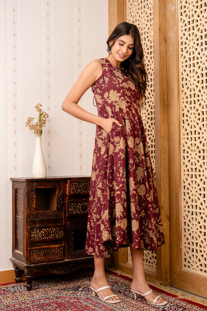 Burgundy Ethnic Printed Flared Sleeveless Dress