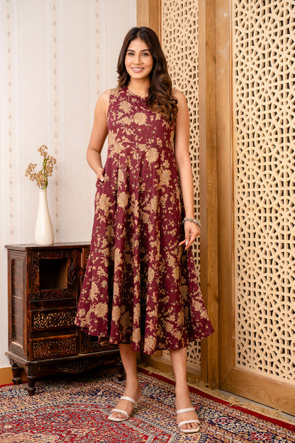 Burgundy Ethnic Printed Flared Sleeveless Dress