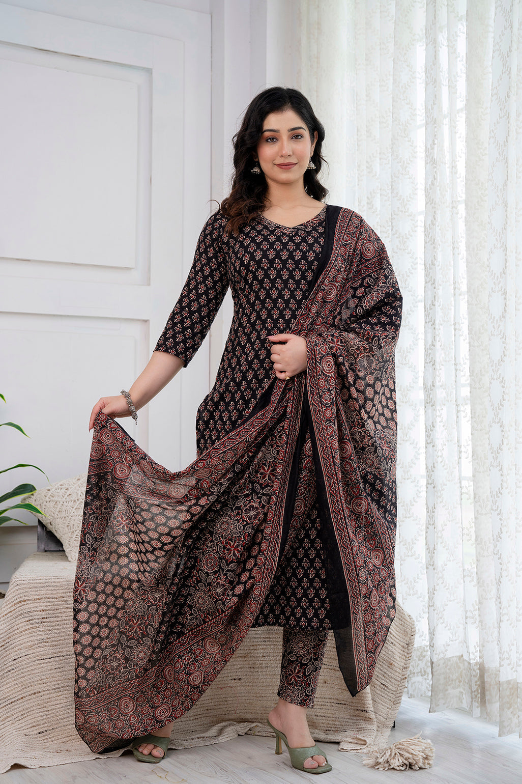 Black Printed Straight Kurta And Trouser With Dupatta