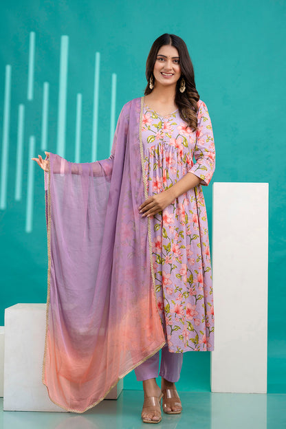 Lavender Printed Anarkali Kurta Set With Dupatta