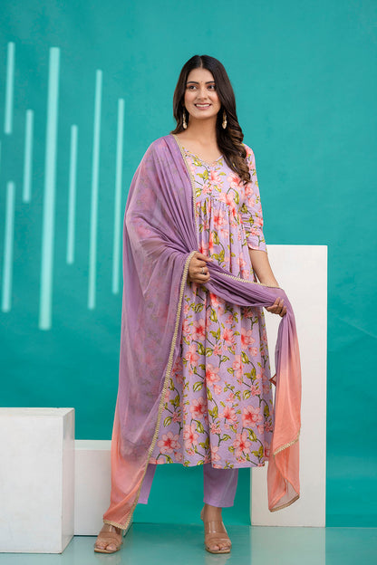 Lavender Printed Anarkali Kurta Set With Dupatta