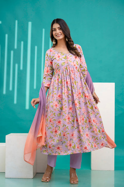 Lavender Printed Anarkali Kurta Set With Dupatta