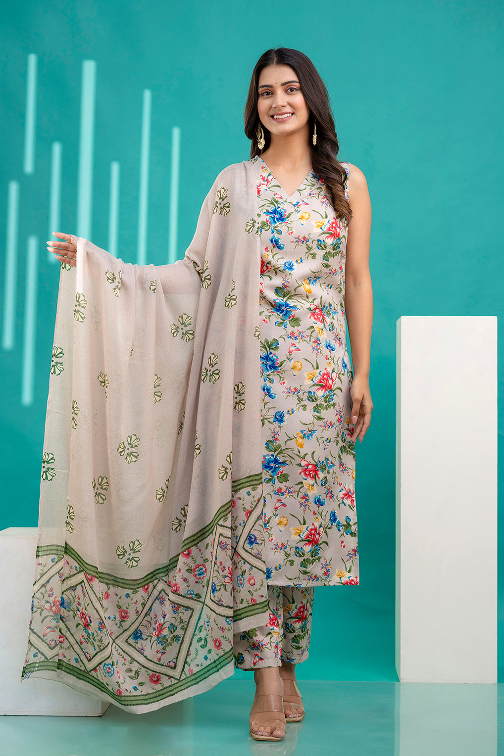 Beige Printed Kurta With Trouser And Dupatta