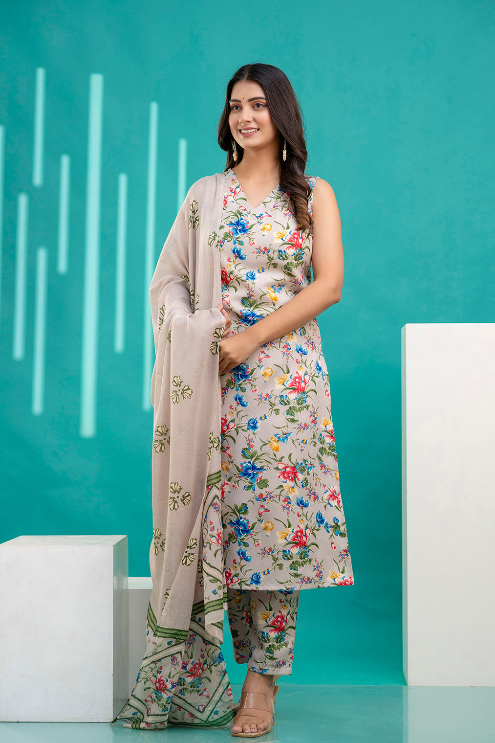 Beige Printed Kurta With Trouser And Dupatta