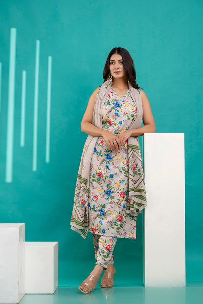 Beige Printed Kurta With Trouser And Dupatta