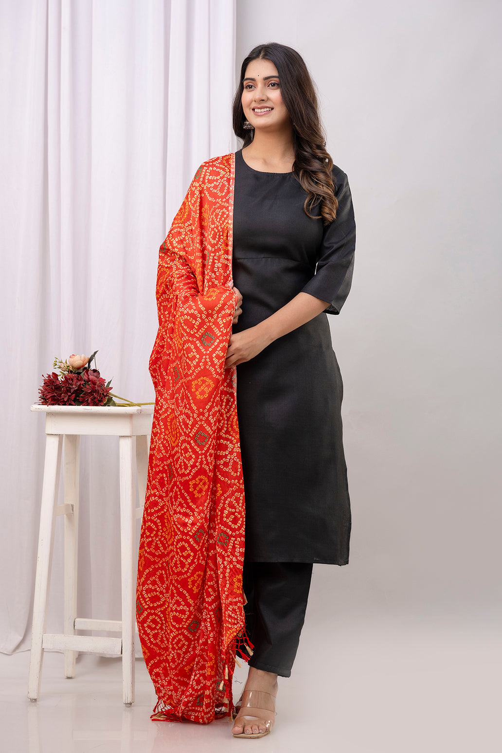 Black Straight Kurta Set With Printed Dupatta